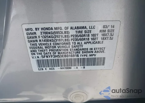 2014 Honda Pilot Ex-L z USA, uszkodzony, nr VIN 5FNYF3H53EB016916